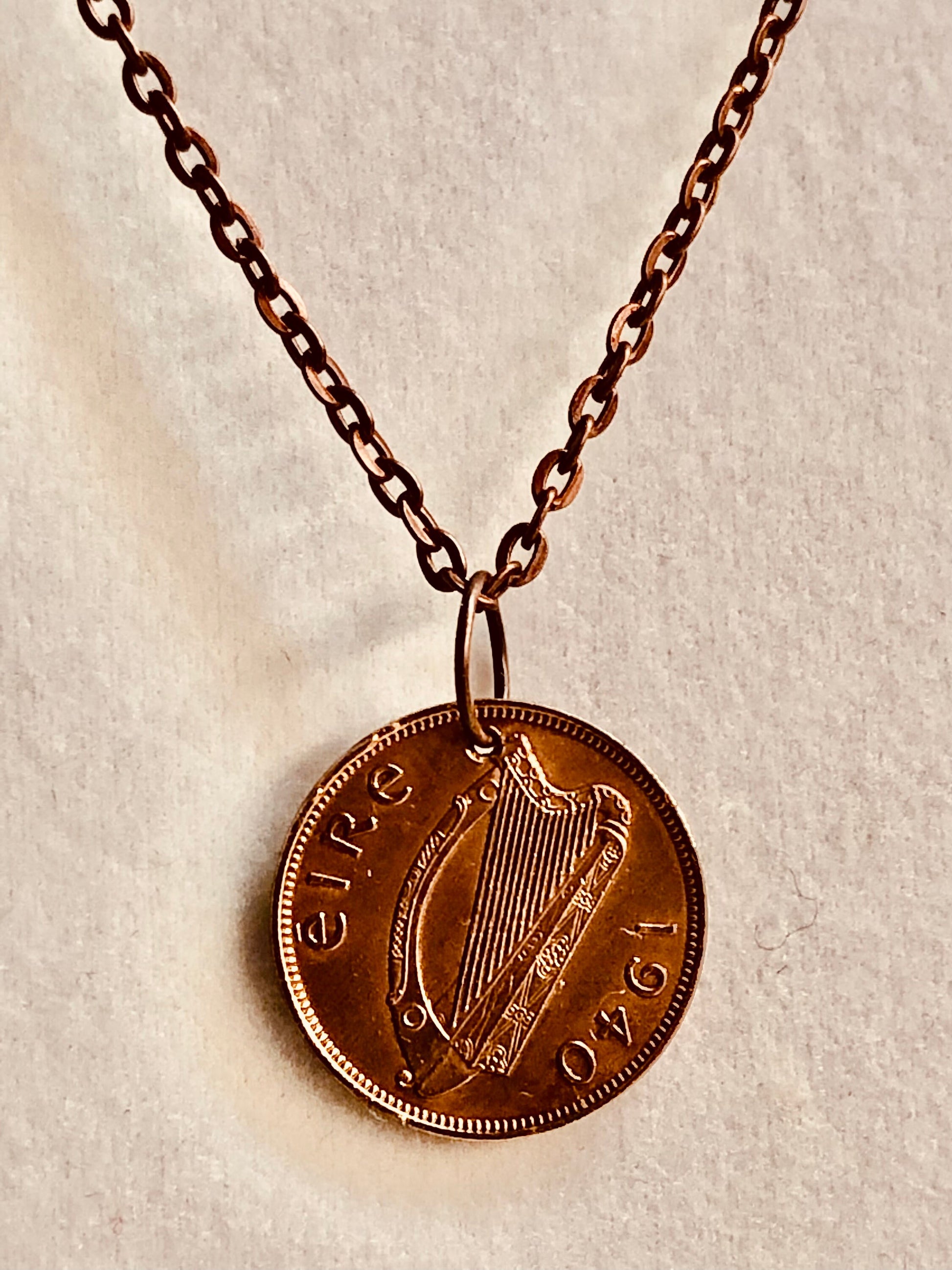 Ireland Coin Necklace 1/4 Pence Celtic Harp Coin Vintage Pendant Necklace Custom Made Rare Coins Coin Enthusiast Fashion Handmade