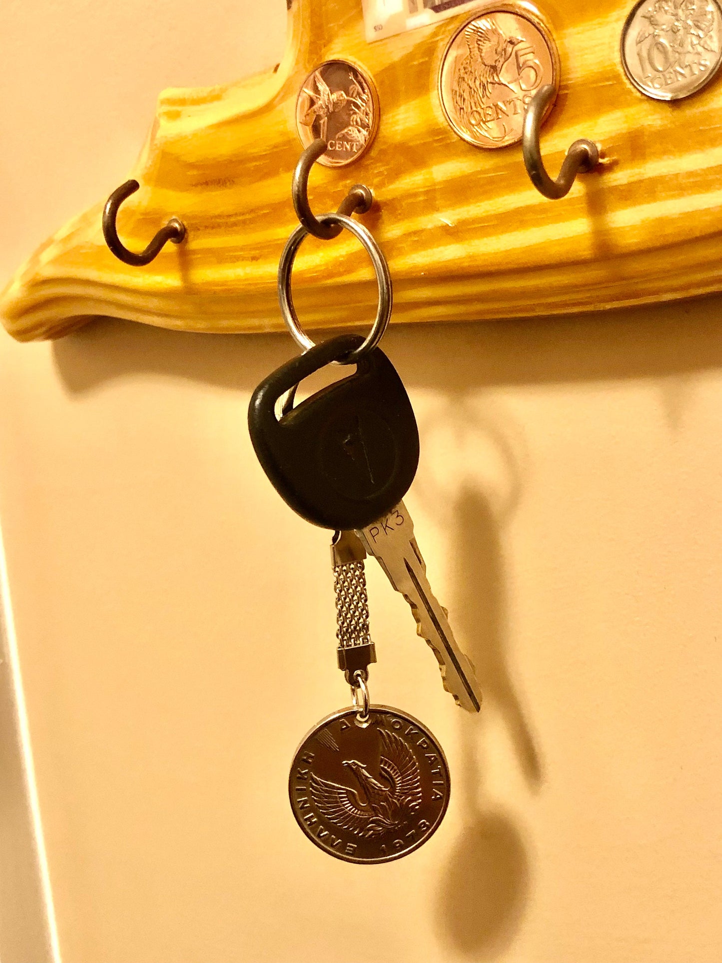 Greece Coin Keychain 20 APX Greek Rare Find Vintage Finished By Hand Personal Good Conversation Starter Handmade