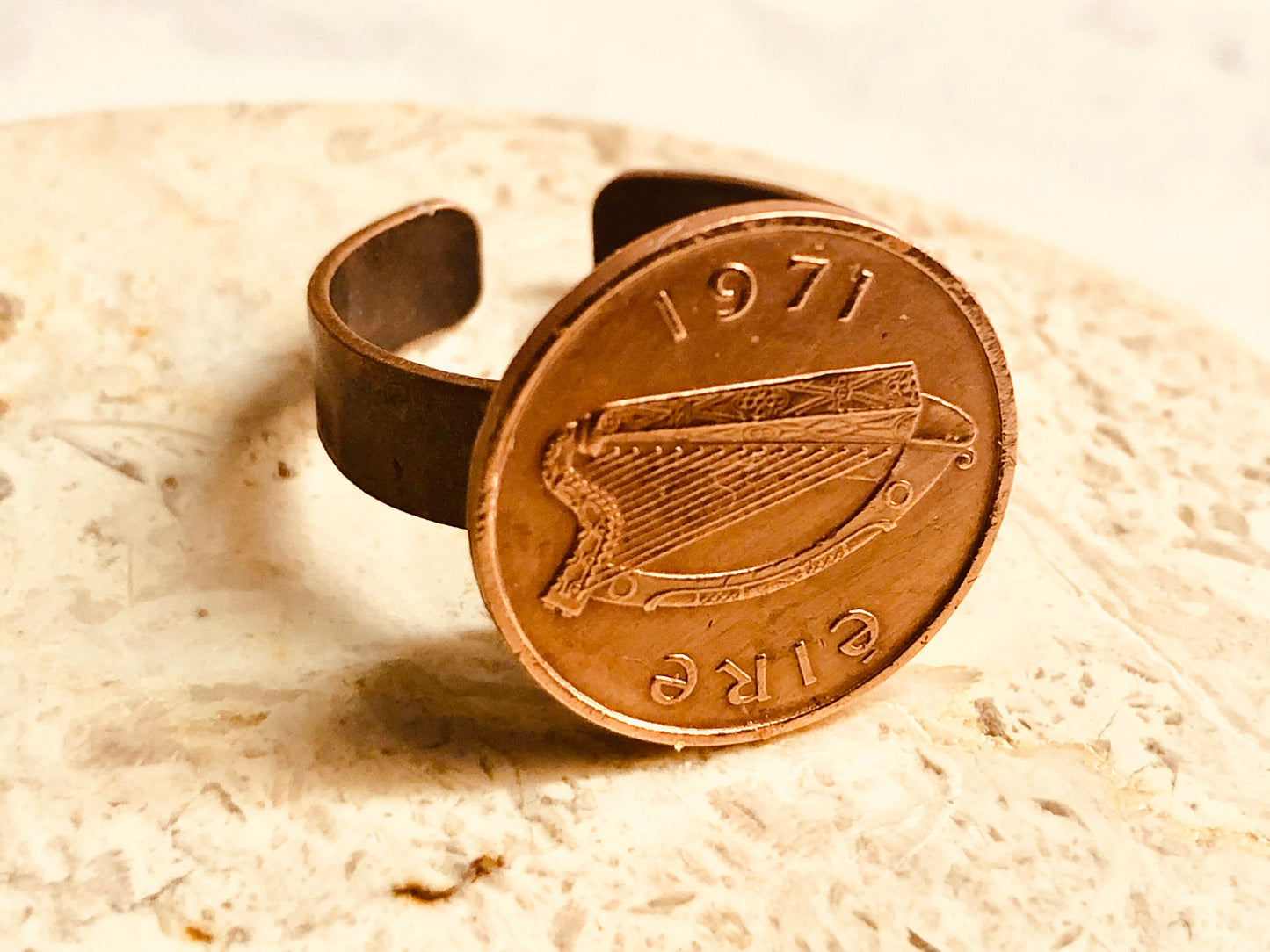 Ireland Coin Ring Irish Half Pence Celtic Harp Eire Vintage Adjustable Custom Made Rare Coins Coin Enthusiast Fashion Accessory Handmade