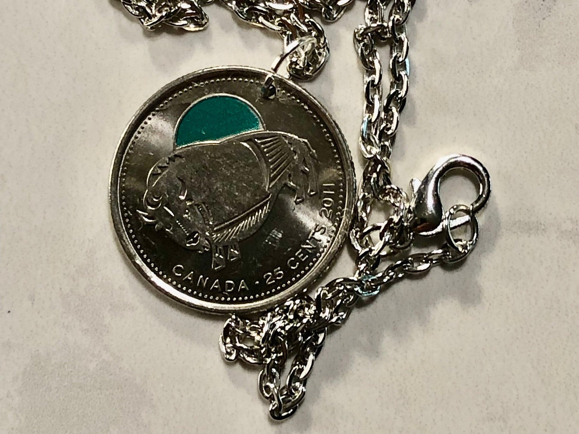 Canadian Quarter Coin Necklace 2011 Wood Bison Coloured Uncirculated 25 Cents Custom Made Vintage and Rare coins - Coin Enthusiast Canada