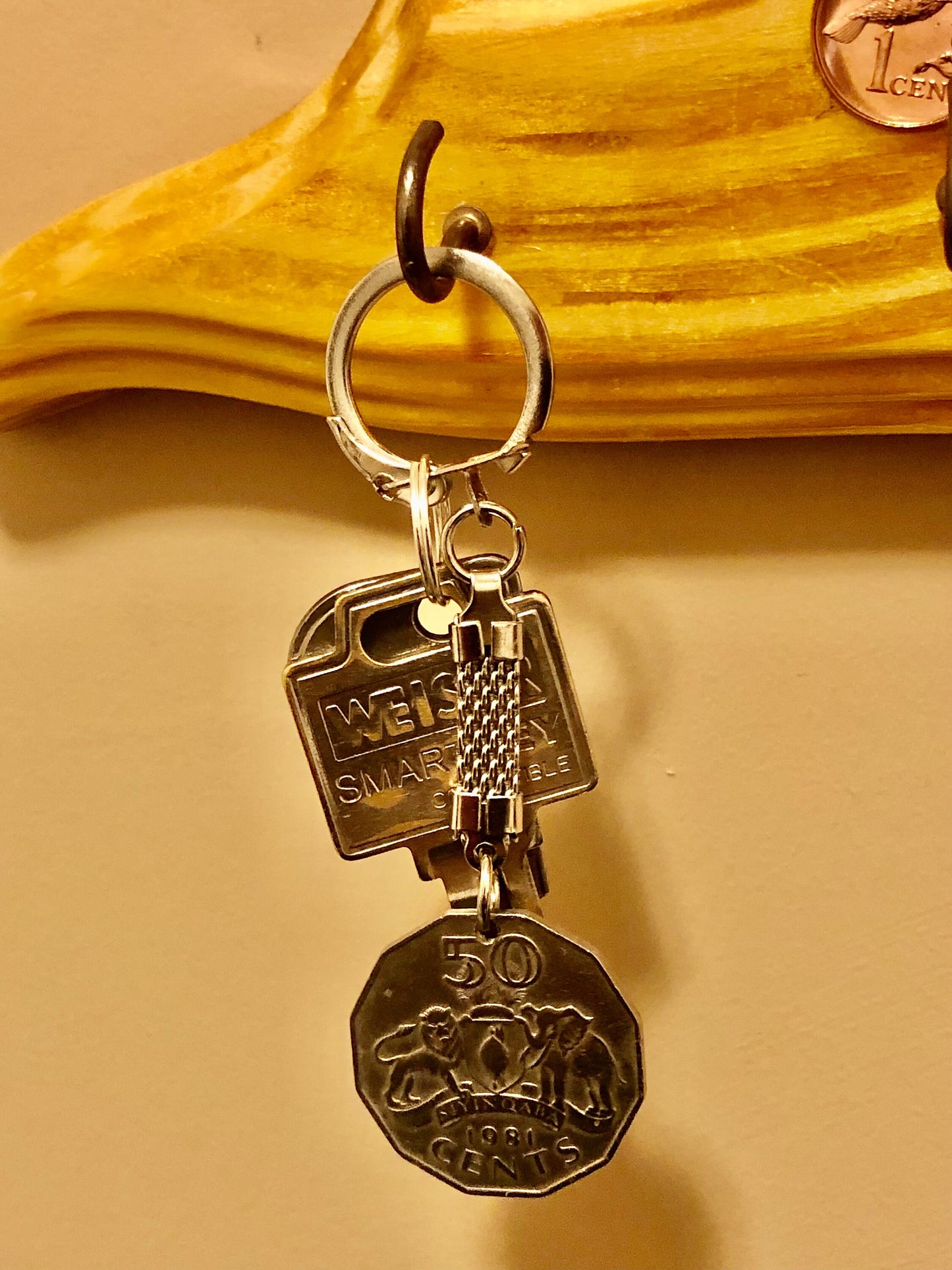 Swaziland Coin Keychain 50 Cents Rare Find Vintage Finished By Hand Personal & Limited Supply Good Conversation Starter