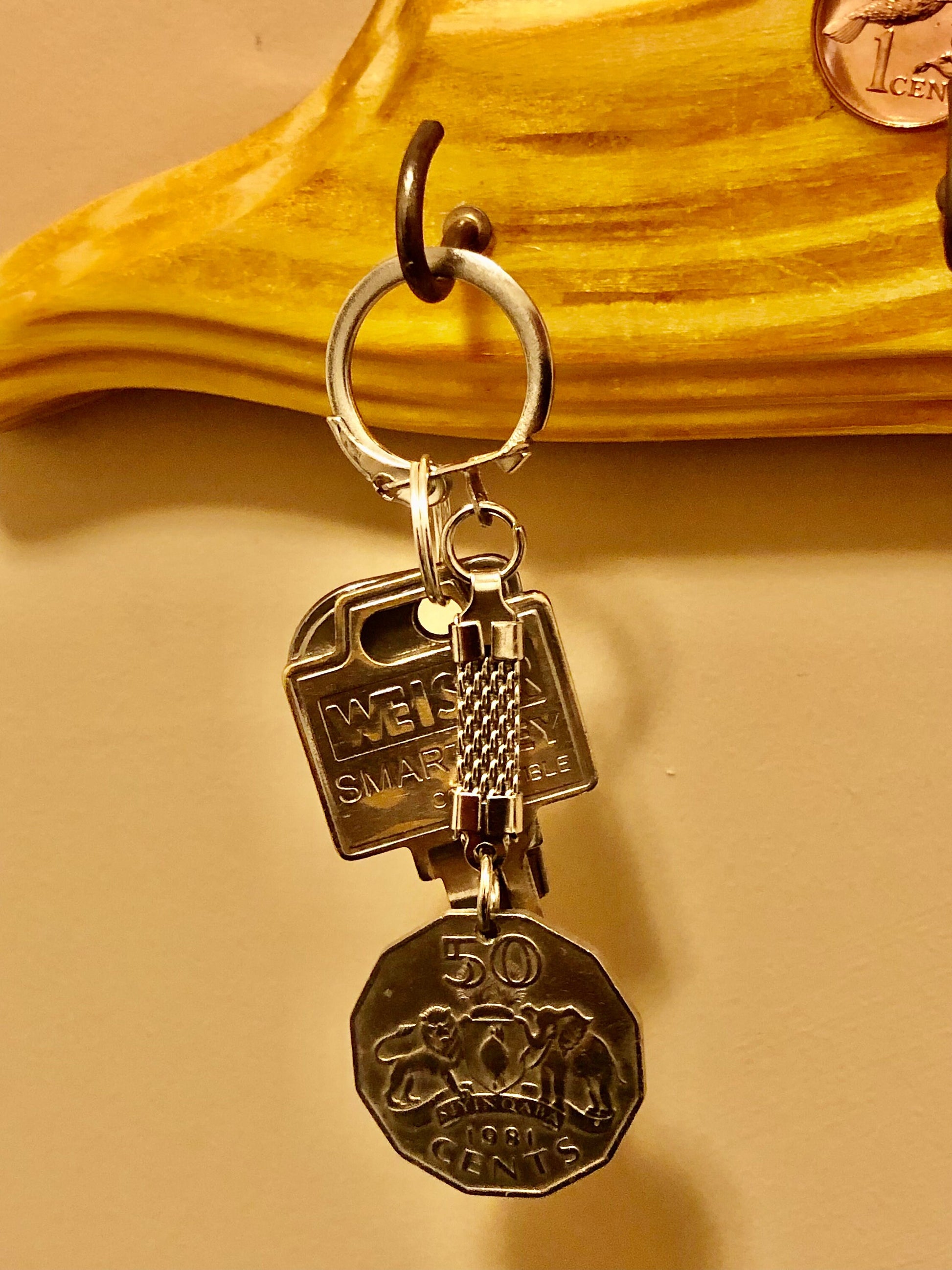 Swaziland Coin Keychain 50 Cents Rare Find Vintage Finished By Hand Personal & Limited Supply Good Conversation Starter