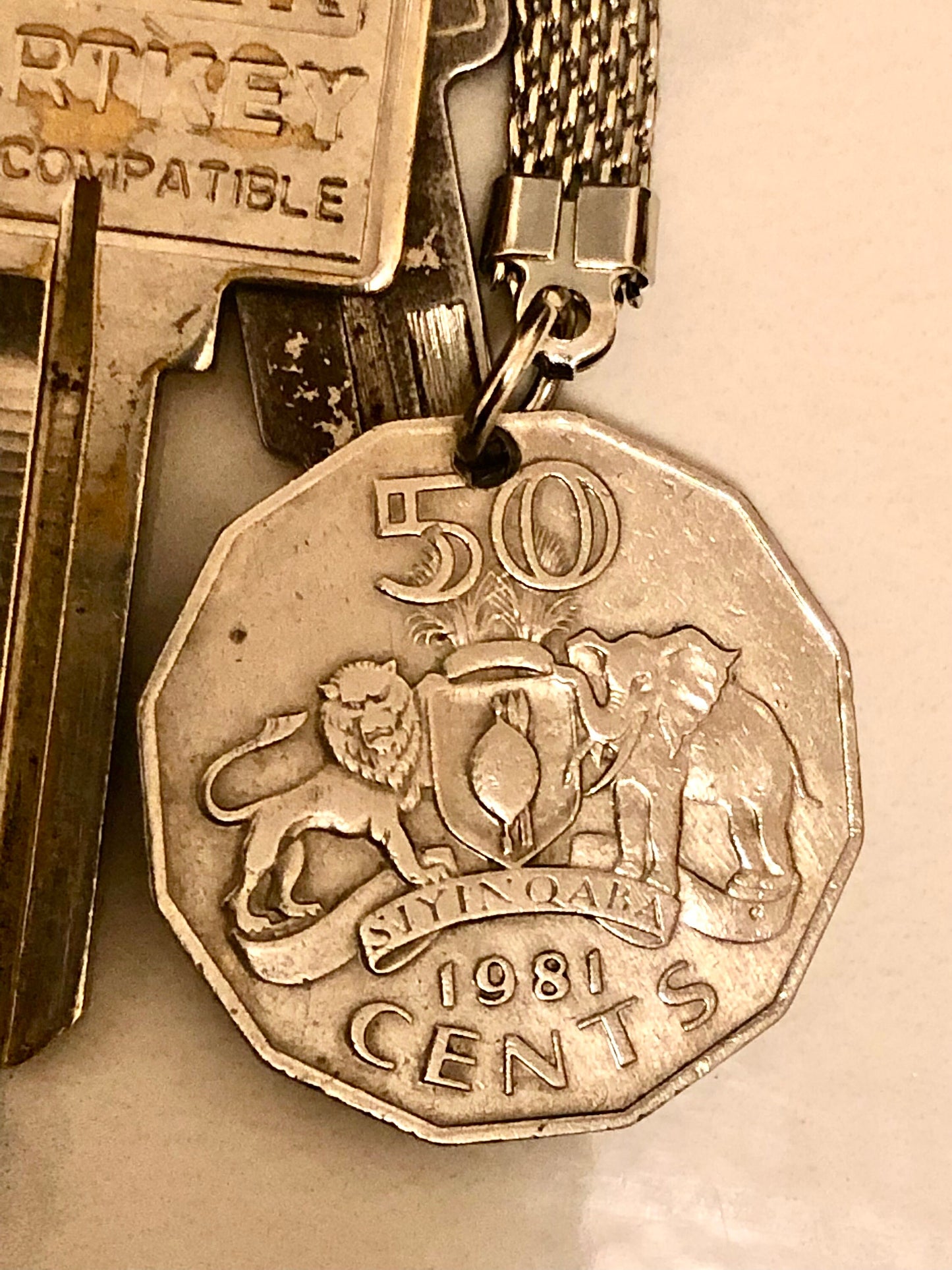 Swaziland Coin Keychain 50 Cents Rare Find Vintage Finished By Hand Personal & Limited Supply Good Conversation Starter