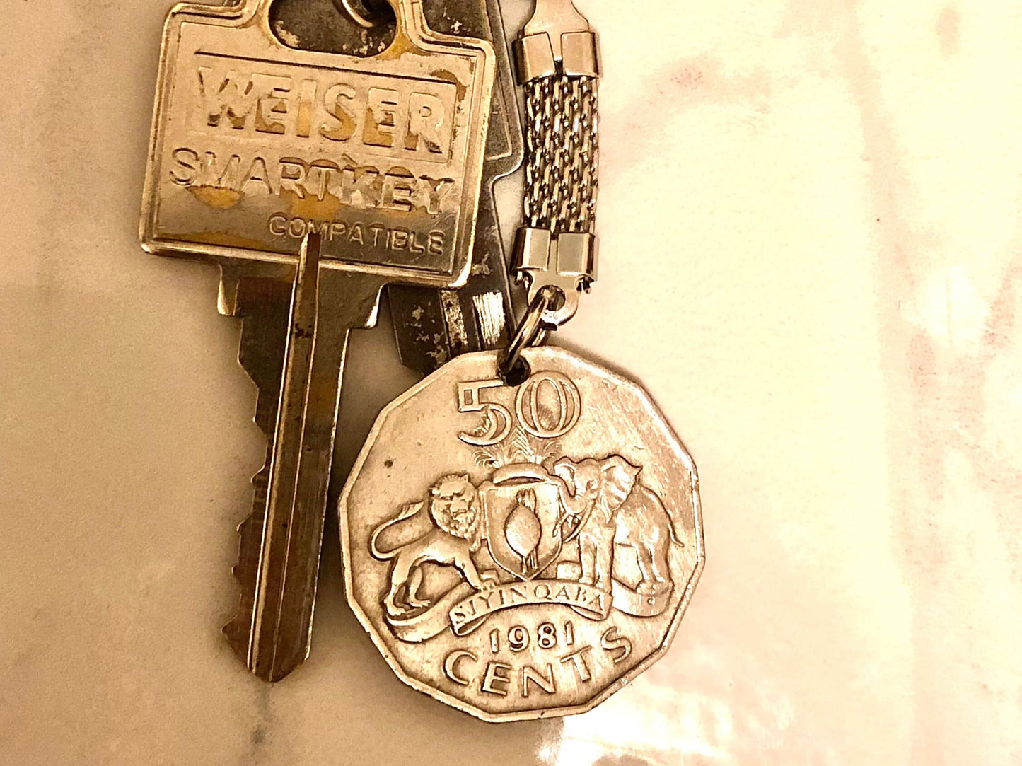Swaziland Coin Keychain 50 Cents Rare Find Vintage Finished By Hand Personal & Limited Supply Good Conversation Starter