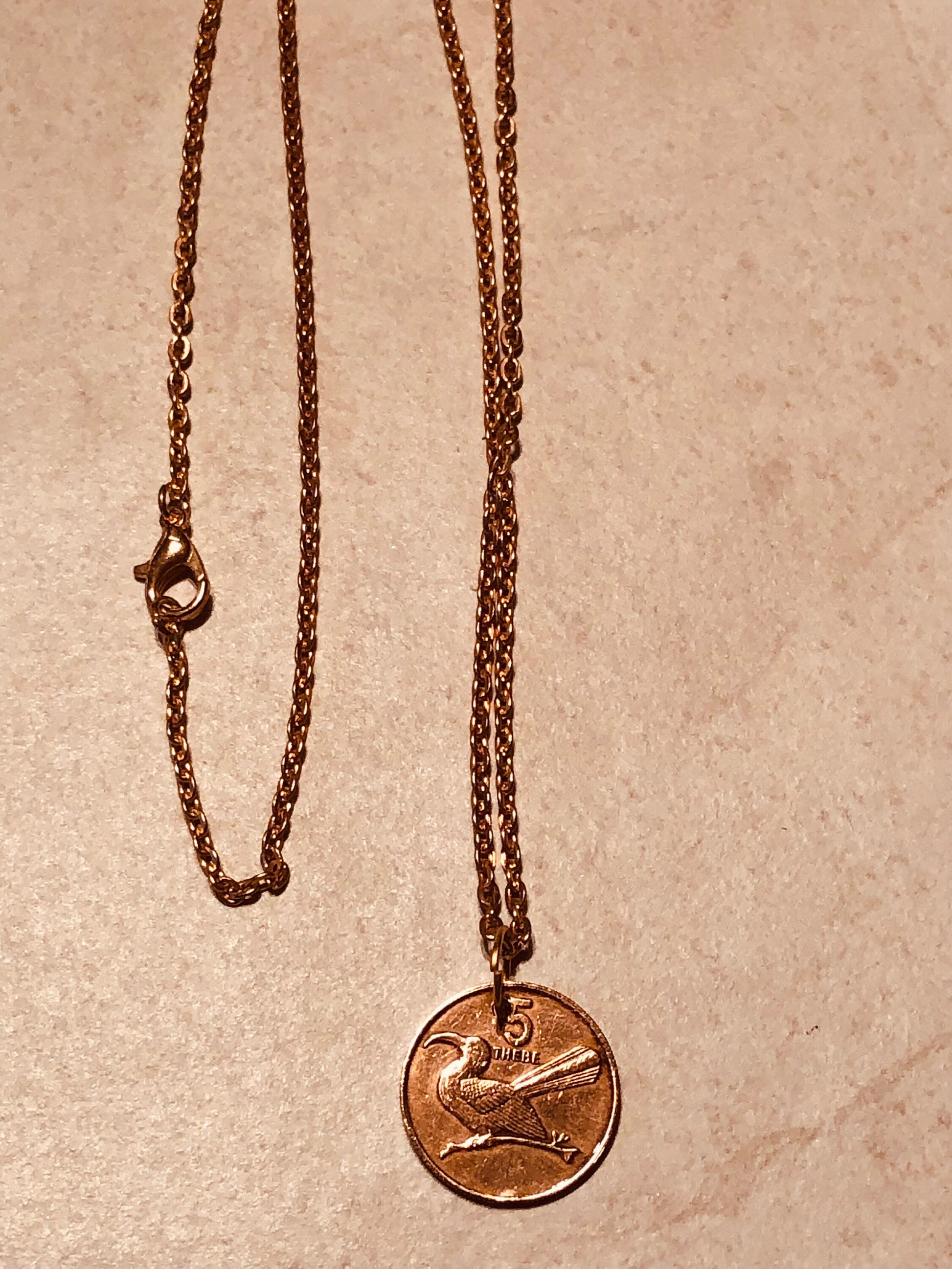 Botswana Coin Necklace 5 Thebe Coin Pendant Vintage Personal Old Vintage Handmade Jewelry Gift Friend Charm For Him Her World Coin Collector