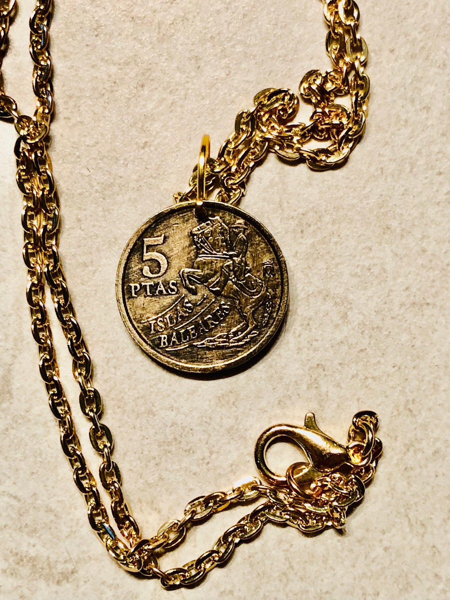 Spain Coin Necklace Spanish 5 PTAS Pendant Vintage Rare Coins Coin Enthusiast Fashion Accessory Handmade