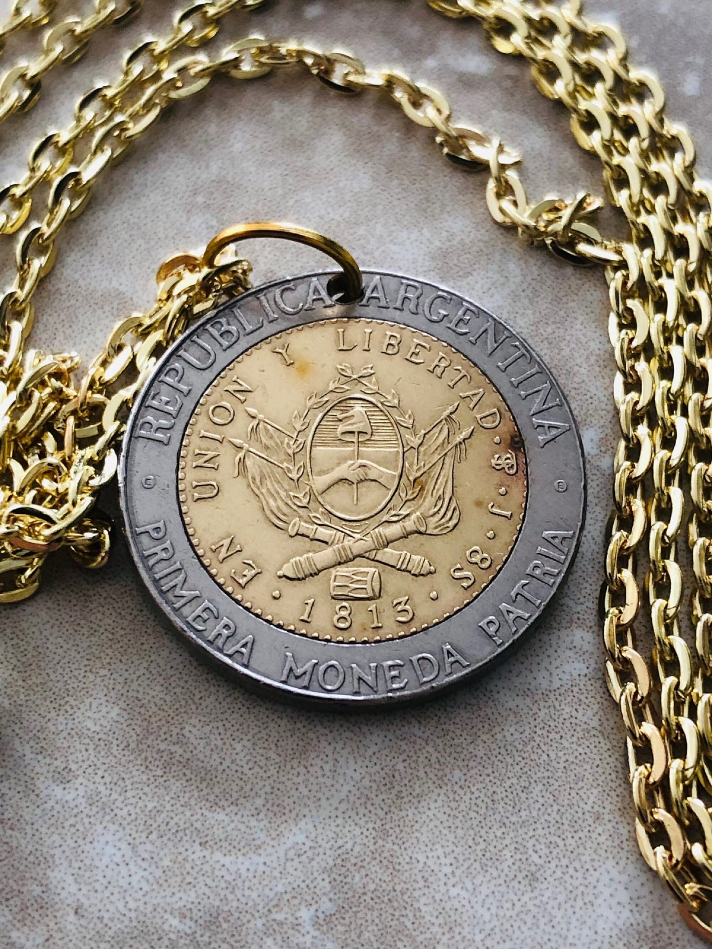 Argentina Coin Necklace Del Rio Argentinian Pendant Personal Old Vintage Handmade Jewelry Gift Friend Charm For Him Her World Coin Collector