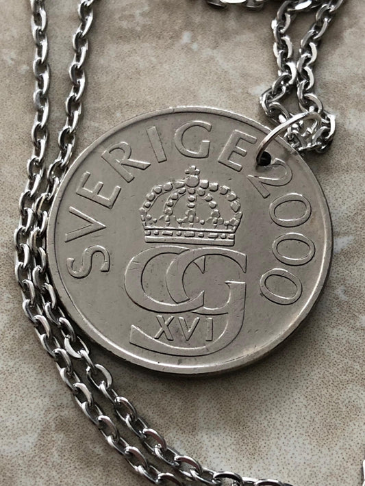 Sweden Coin Pendant 5 Kroner Swedish Sverige Personal Necklace Vintage Handmade Jewelry Gift Friend Charm For Him Her World Coin Collector