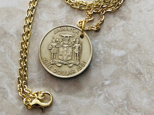 Jamaica Necklace Pendant Jamaican One Dollar Coin Personal Old Vintage Handmade Jewelry Gift Friend Charm For Him Her World Coin Collector