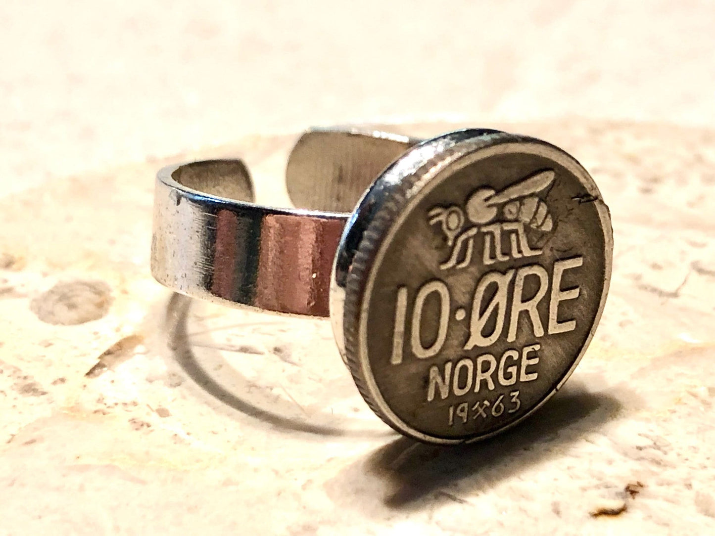 Norway Coin Ring Norwegian 10 Ore Honey Bee Adjustable Custom Vintage and Rare Coins Coin Enthusiast - Fashion Accessory Handmade