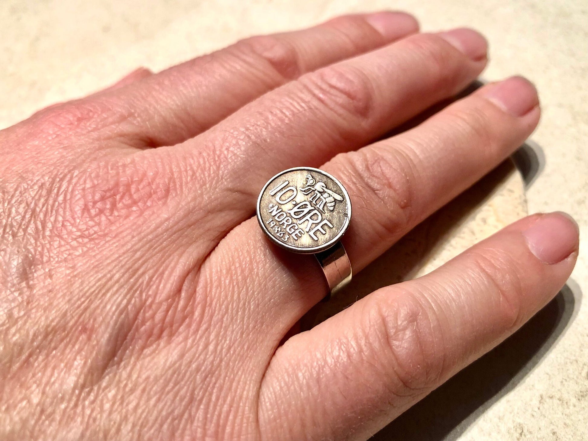 Norway Coin Ring Norwegian 10 Ore Honey Bee Adjustable Custom Vintage and Rare Coins Coin Enthusiast - Fashion Accessory Handmade