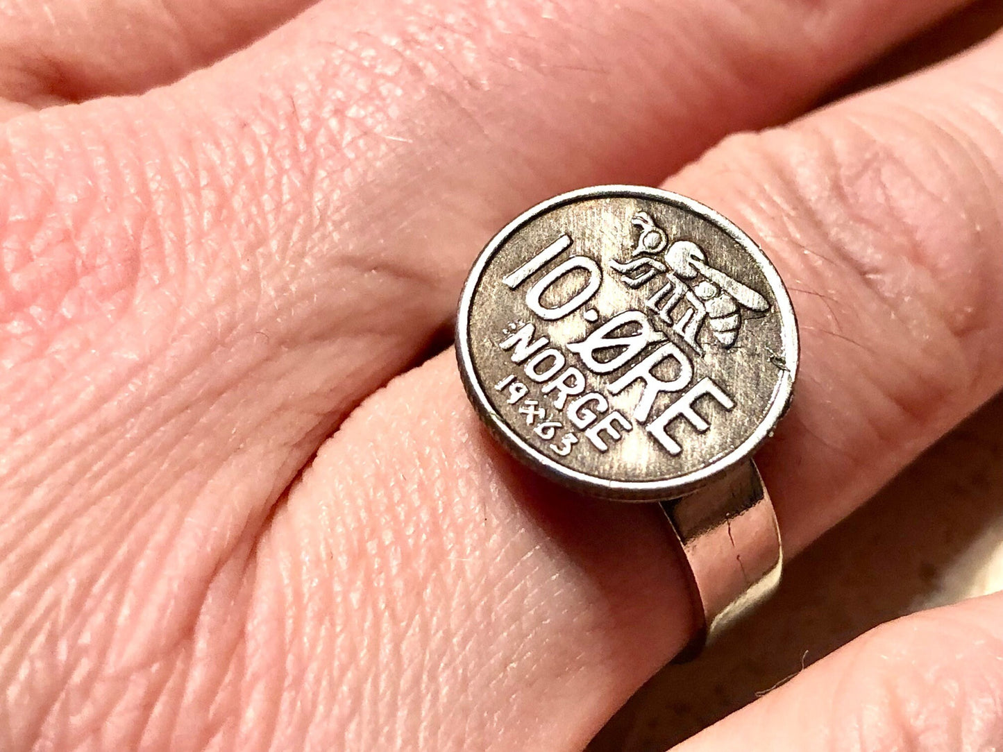 Norway Coin Ring Norwegian 10 Ore Honey Bee Adjustable Custom Vintage and Rare Coins Coin Enthusiast - Fashion Accessory Handmade