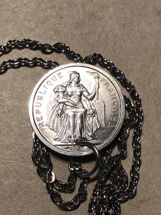 Polynesia France Coin Necklace French 1 Franc Coin Pendant French Vintage Custom Made Rare Coin Enthusiast Accessory Handmade