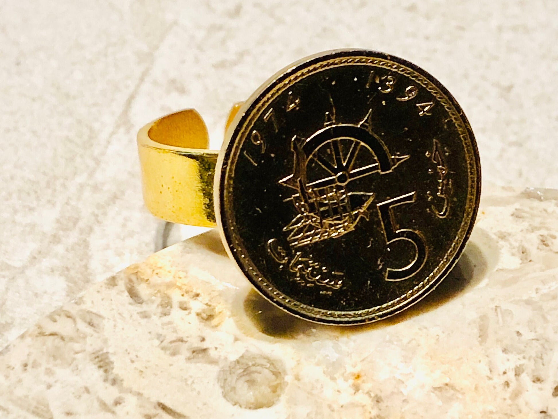 Morocco Coin Ring 5 Santimat 1974-1394 Vintage Adjustable Custom Made Rare Coins Coin Enthusiast Fashion Accessory Handmade