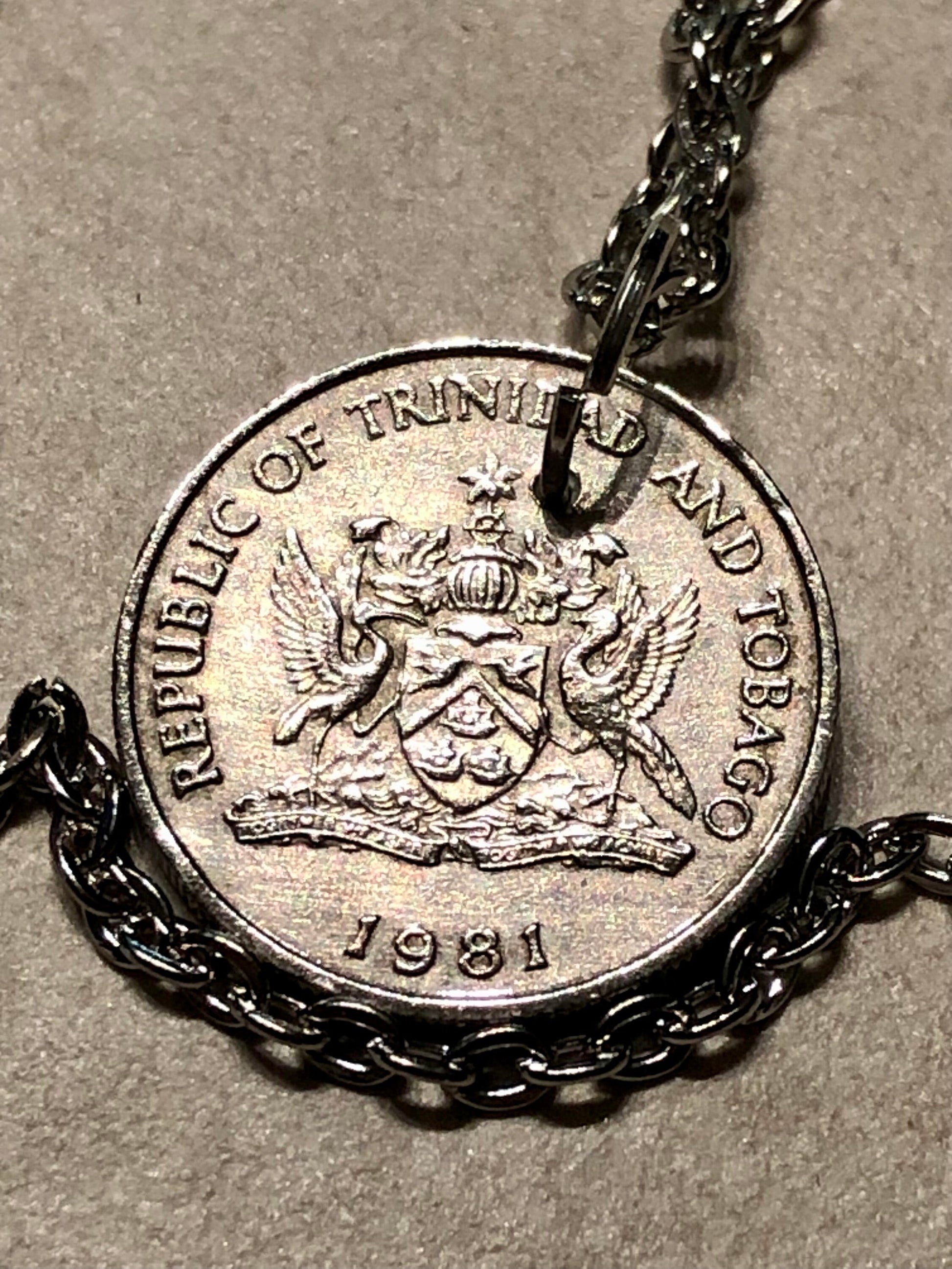 Trinidad and Tobago Coin Necklace 25 Cents Pendant Vintage Custom Made Rare Coins Coin Enthusiast Fashion Accessory Handmade