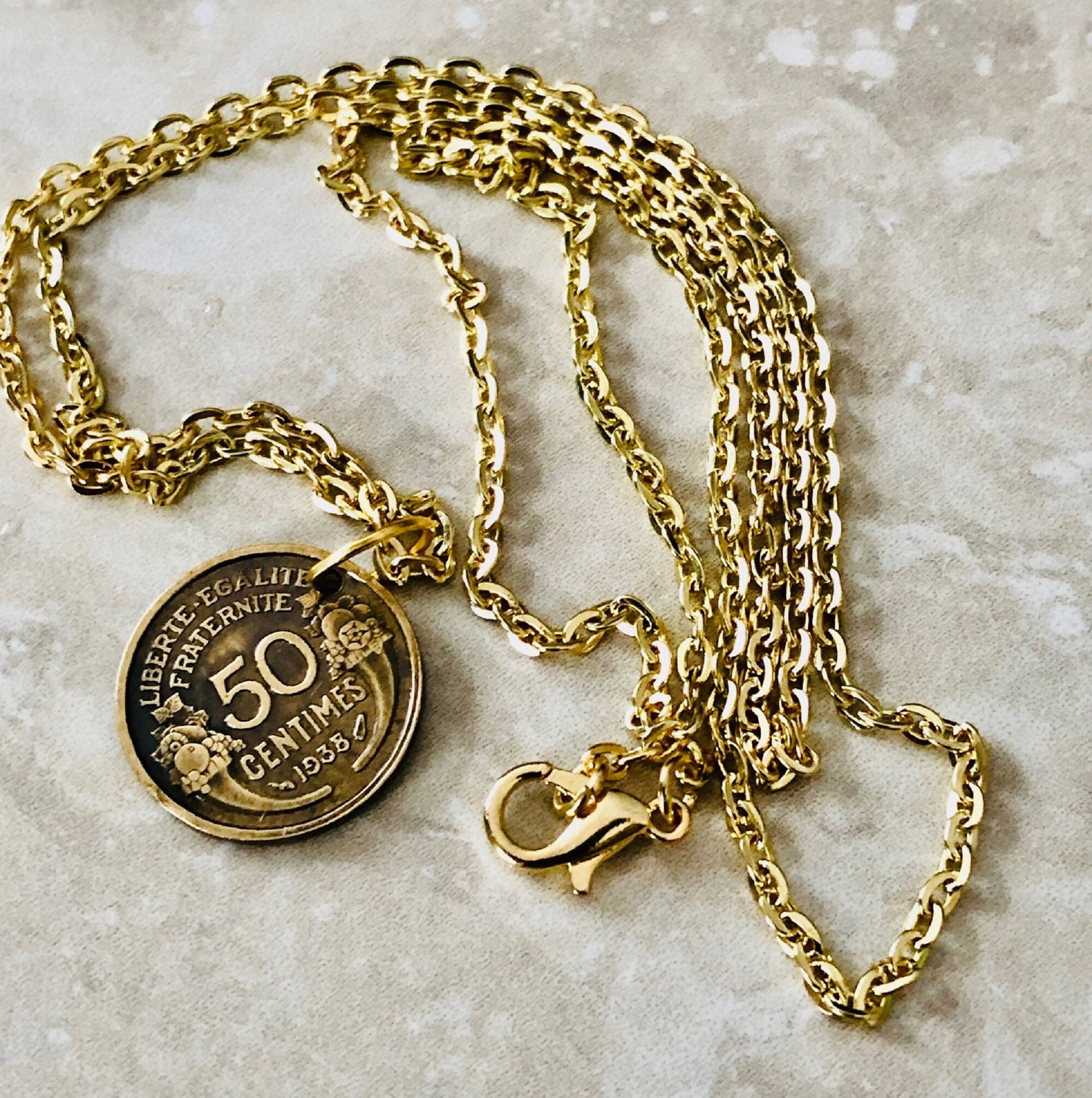 France Coin Necklace French Pendant 50 Centimes Liberty Equality Fraternity Personal Jewelry Gift Friend Charm Him Her World Coin Collector