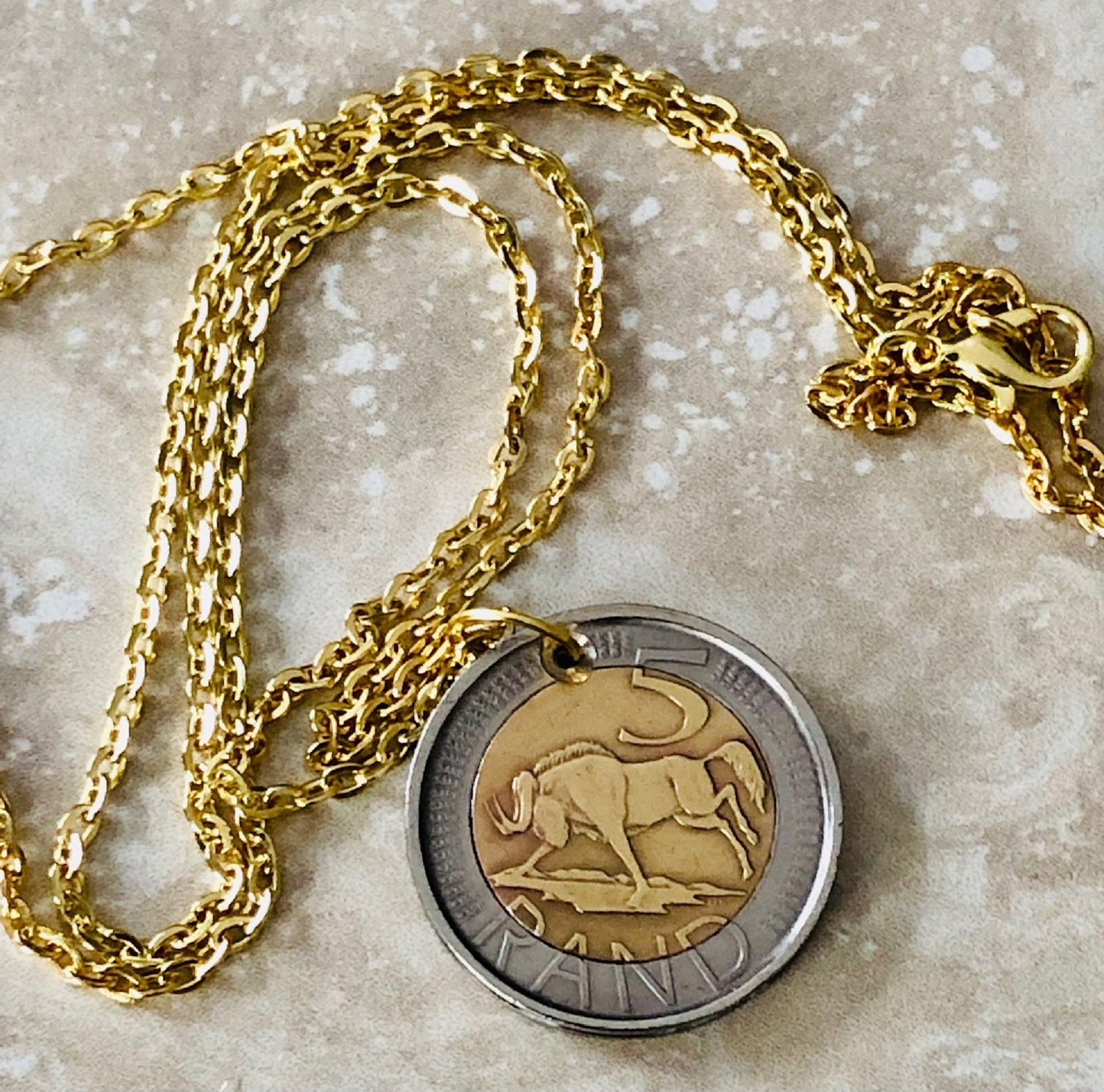 South Africa Necklace 5 RAND Afrika Dzonga Ningizimu Wildebeest Bull Vintage Pendant Jewelry Gift Friend Charm Him Her World Coin Collector