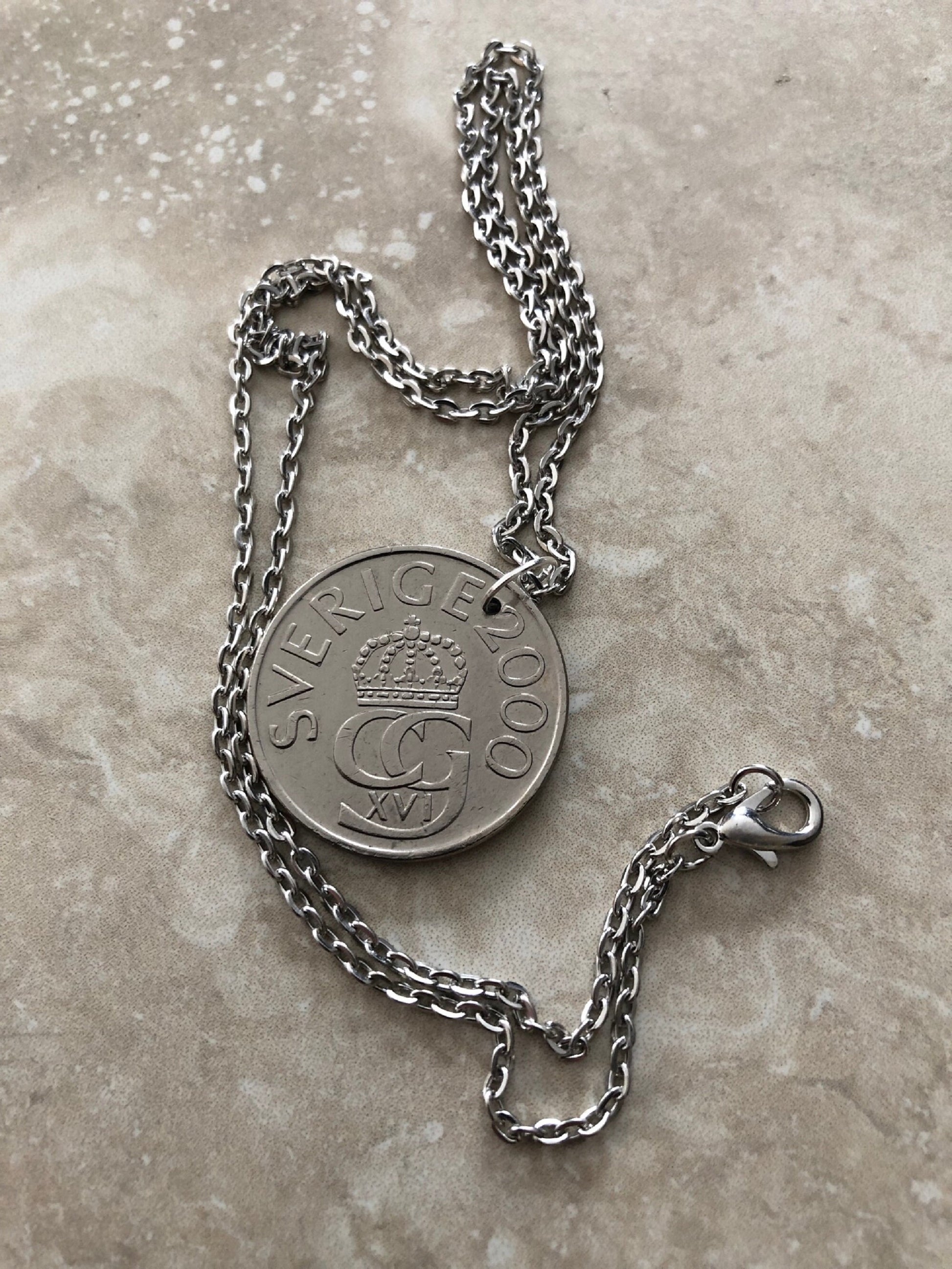 Sweden Coin Pendant 5 Kroner Swedish Sverige Personal Necklace Vintage Handmade Jewelry Gift Friend Charm For Him Her World Coin Collector