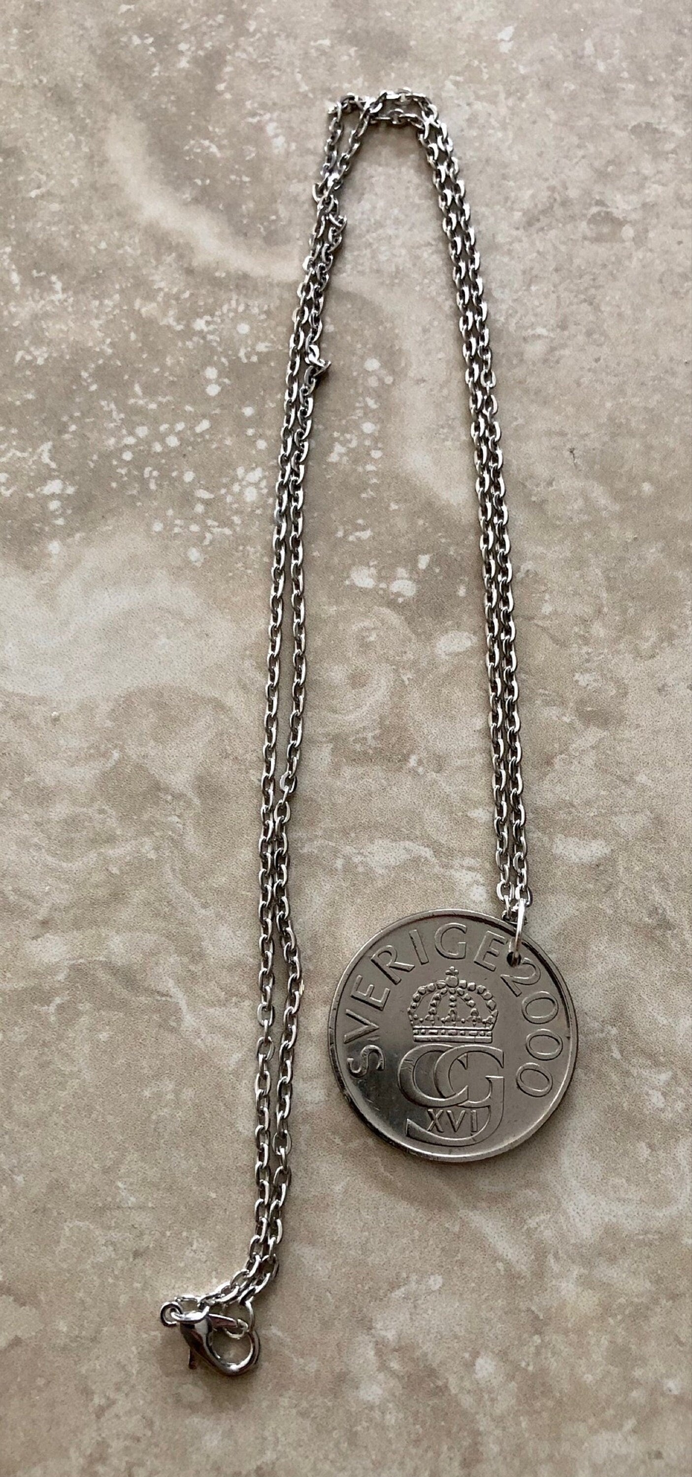 Sweden Coin Pendant 5 Kroner Swedish Sverige Personal Necklace Vintage Handmade Jewelry Gift Friend Charm For Him Her World Coin Collector