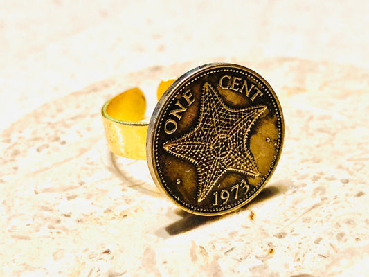 Bahama Coin Ring One Cent Star Fish Vintage Adjustable Custom Made Rare Coins Coin Enthusiast Fashion Accessory Handmade