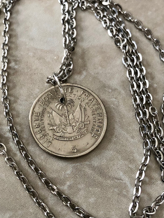 Haiti Coin Pendant 5 Franc Liberte Egalite Fraternite Personal Necklace Handmade Jewelry Gift Friend Charm For Him Her World Coin Collector