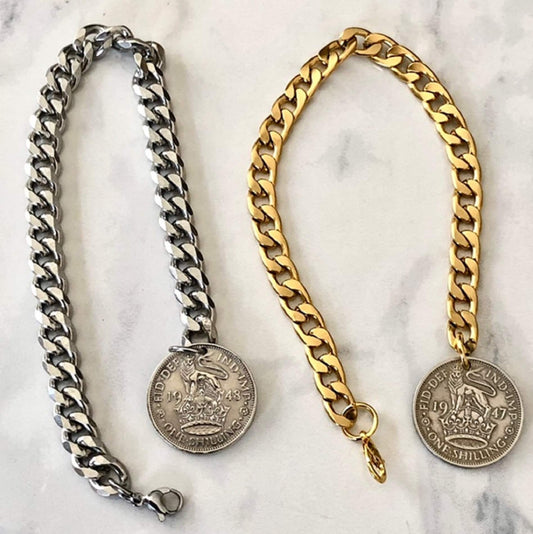 British One Pence Coin Bracelet United Kingdom British - Coin Enthusiast Fashion Accessory Handmade