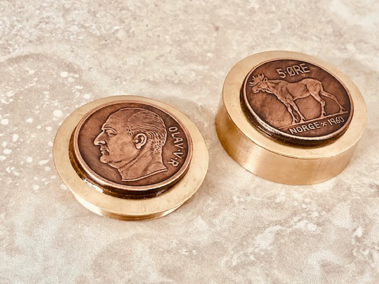 Norway Coin Pillbox Norwegian 5 Ore Moose, Vintage Antique Stash Snuff Box, Tobacco Box, Keepsake, Men's Gift Jewelry, World Coin Collector