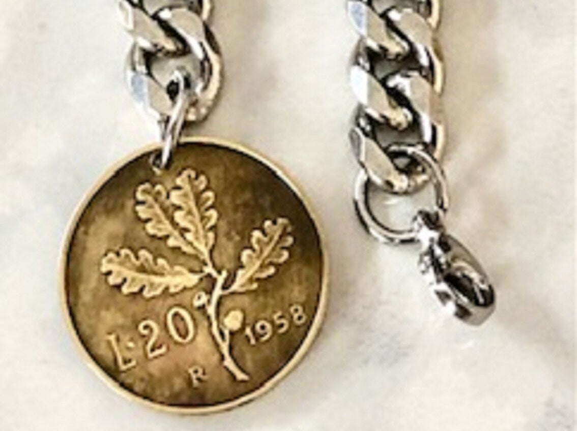 Italy Coin 20 Lira Bracelet, Italian, Enthusiast, Personal Old Vintage Handmade Jewelry Gift Friend Charm For Him Her World Coin Collector