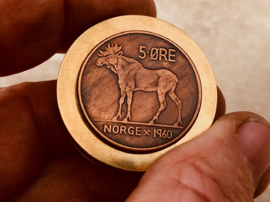 Norway Coin Pillbox Norwegian 5 Ore Moose, Vintage Antique Stash Snuff Box, Tobacco Box, Keepsake, Men's Gift Jewelry, World Coin Collector