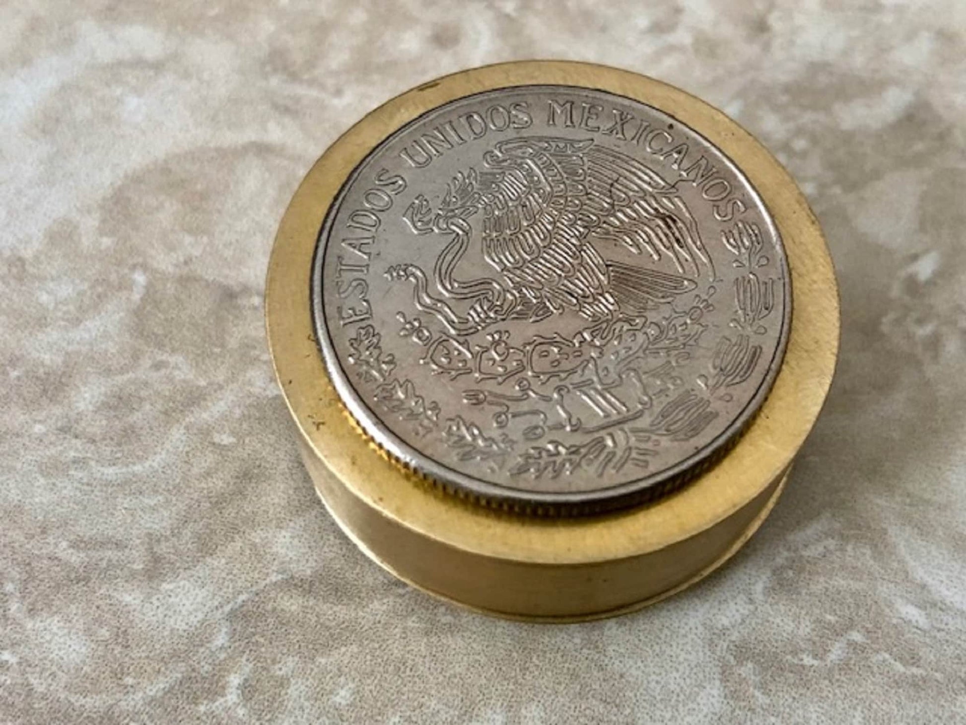 Mexico Coin Pillbox Mexican One Peso - Vintage Antique Stash Snuff Box, Tobacco Box, Keepsake, Men's Gift, Jewelry, World Coin Collector