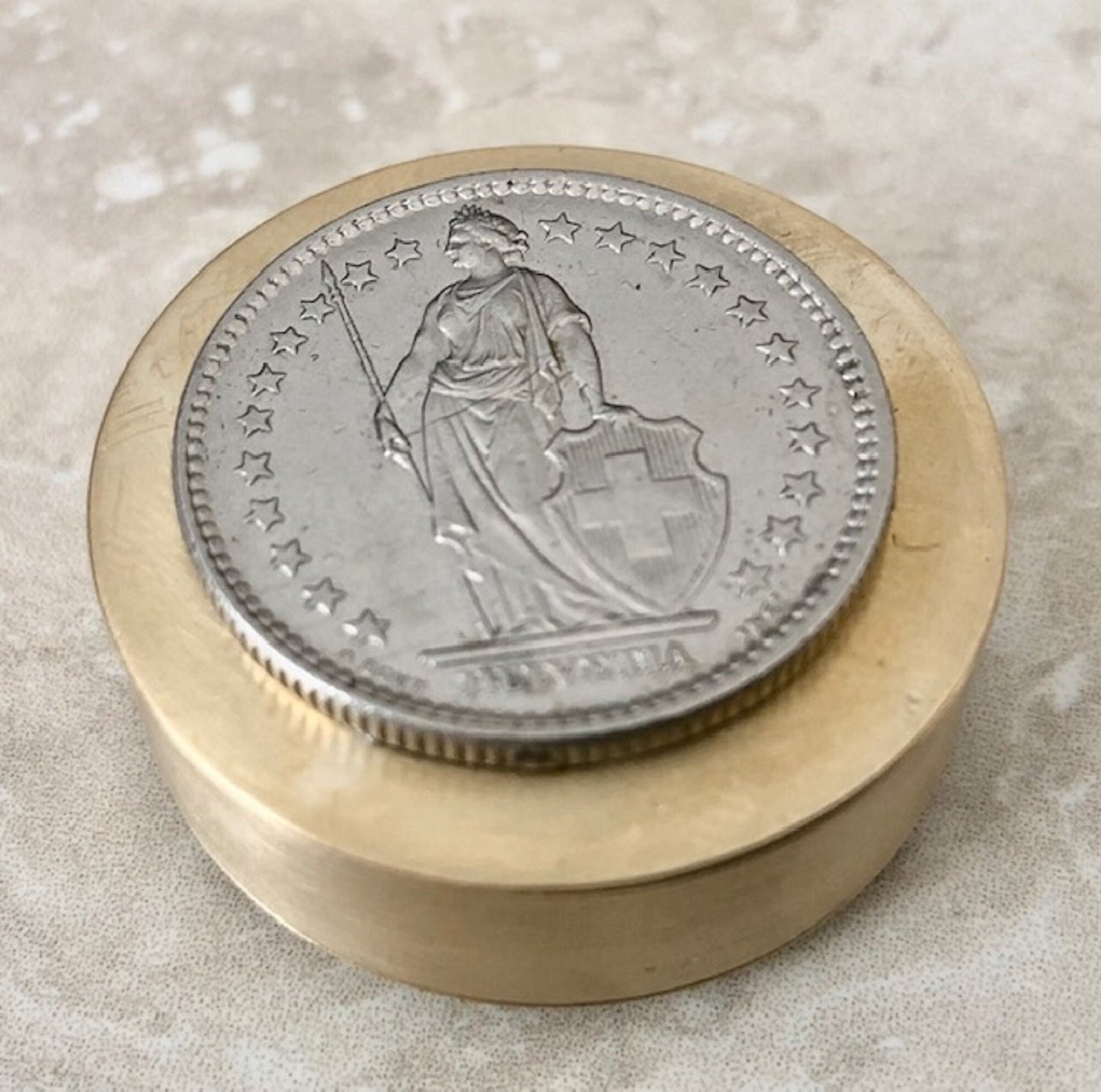 Switzerland Coin Pillbox Swiss 2 Franc - Vintage Antique Stash Snuff Box, Tobacco Box, Keepsake, Men's Gift Jewelry World Coin Collector