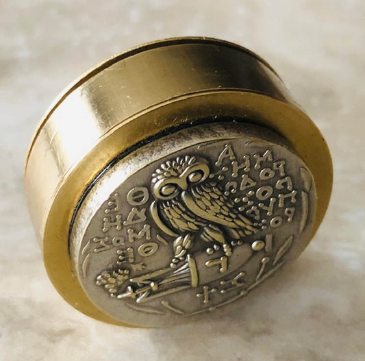 Ancient Owl Greek, Replica Coin, Pillbox - Prudence, Wisdom Stash Snuff Box, Tobacco Box, Keepsake, Men's Gift, Jewelry World Coin Collector