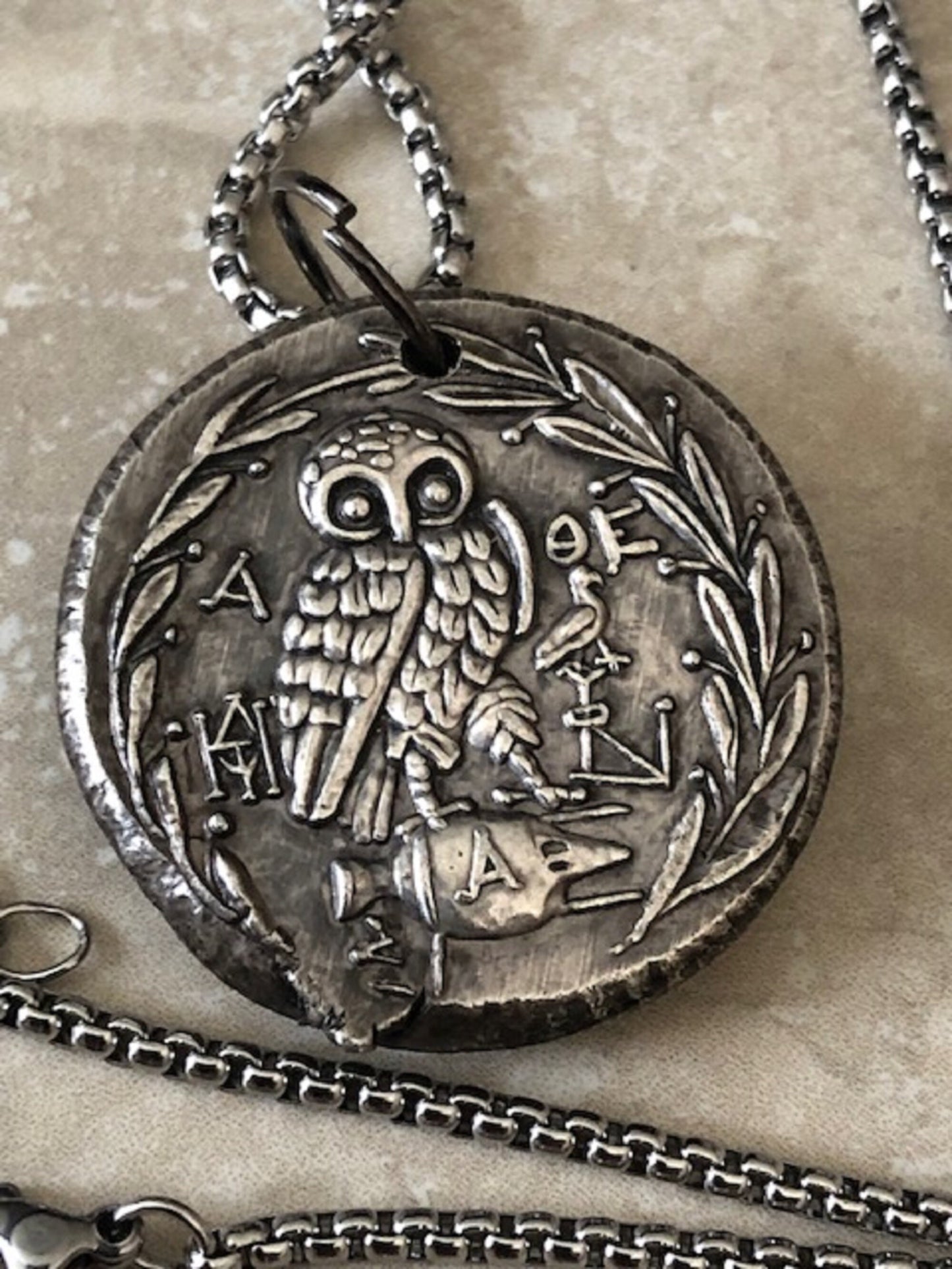 Owl Warrior Antique Ancient Greek Wax Seal Coin Necklace – Prudence, Wisdom, and Wit Pendant, Jewelry, Charm From Made with Coins Hand Made