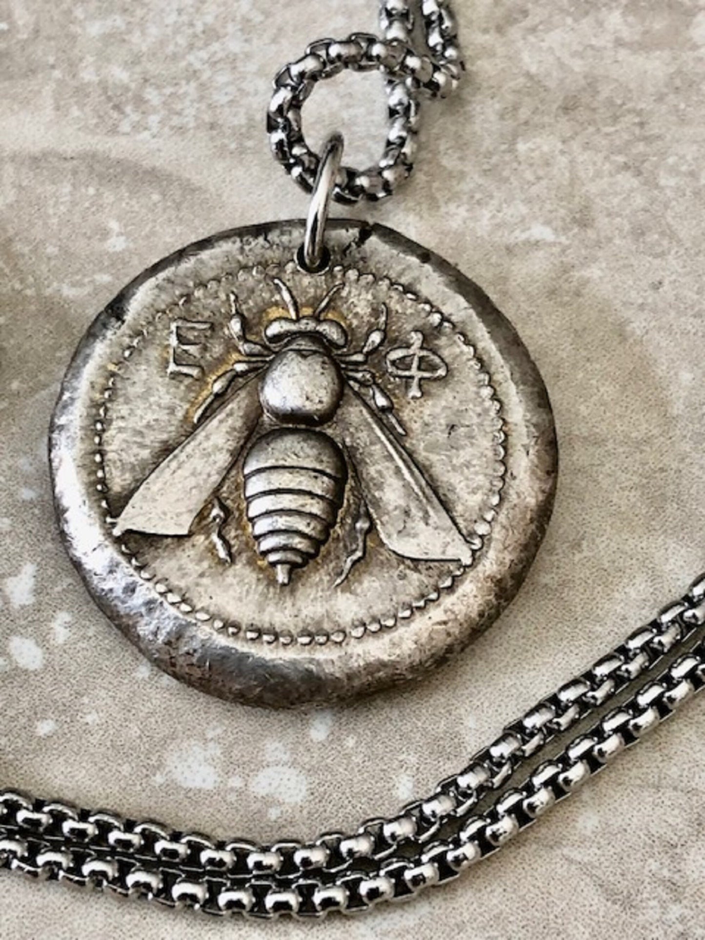 Beehive Creativity Ancient Antique Greek Wax Seal Coin Necklace, Wealth, Teamwork, Pendant, Jewelry, Charm From Made with Coins Hand Made