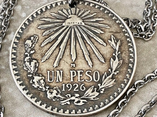 Mexico Silver Coin Necklace 1926 Mexican Un Peso Pendant Personal Old Handmade Jewelry Gift Friend Charm For Him Her World Coin Collector