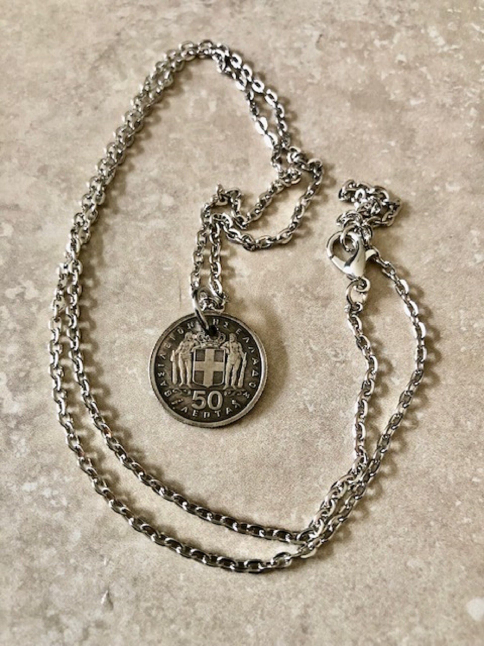 Greek Coin Pendant 50 Apaxmai Greece Necklace Personal Old Vintage Handmade Jewelry Gift Friend Charm For Him Her World Coin Collector