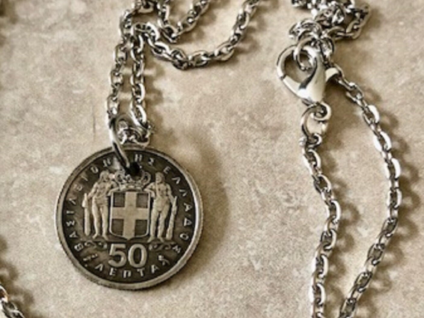 Greek Coin Pendant 50 Apaxmai Greece Necklace Personal Old Vintage Handmade Jewelry Gift Friend Charm For Him Her World Coin Collector