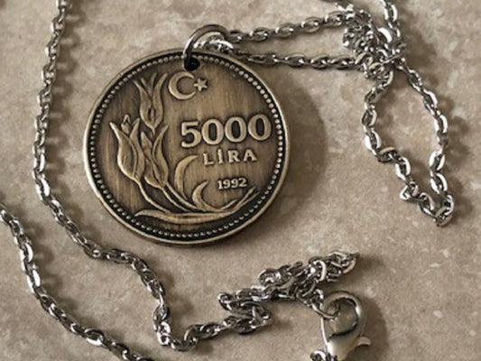 Turkey Coin Necklace 5000 Lira Pendant Personal Necklace Old Vintage Handmade Jewelry Gift Friend Charm For Him Her World Coin Collector