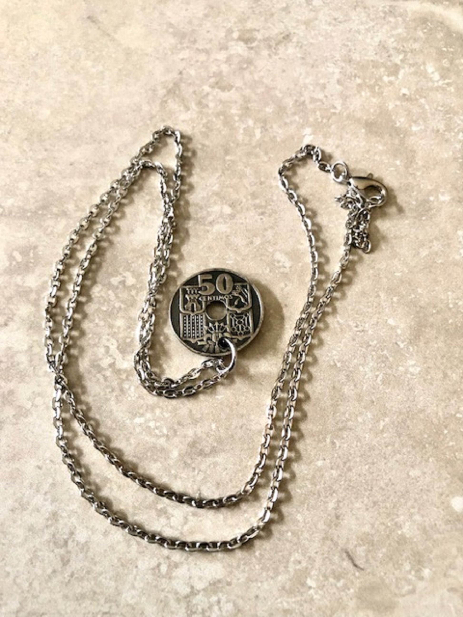 Spain Coin Necklace Spanish 50 Centimos Pendant Coin Vintage Custom Rare Coins Coin Enthusiast Handmade Fashion Accessory