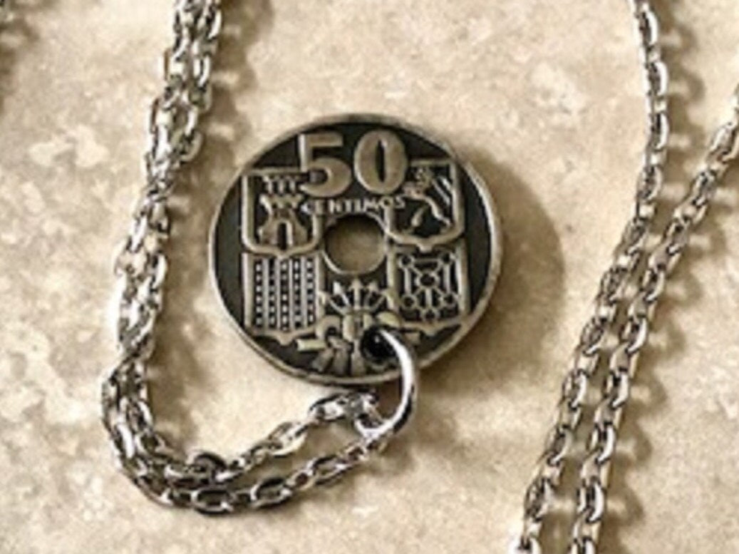 Spain Coin Necklace Spanish 50 Centimos Pendant Coin Vintage Custom Rare Coins Coin Enthusiast Handmade Fashion Accessory