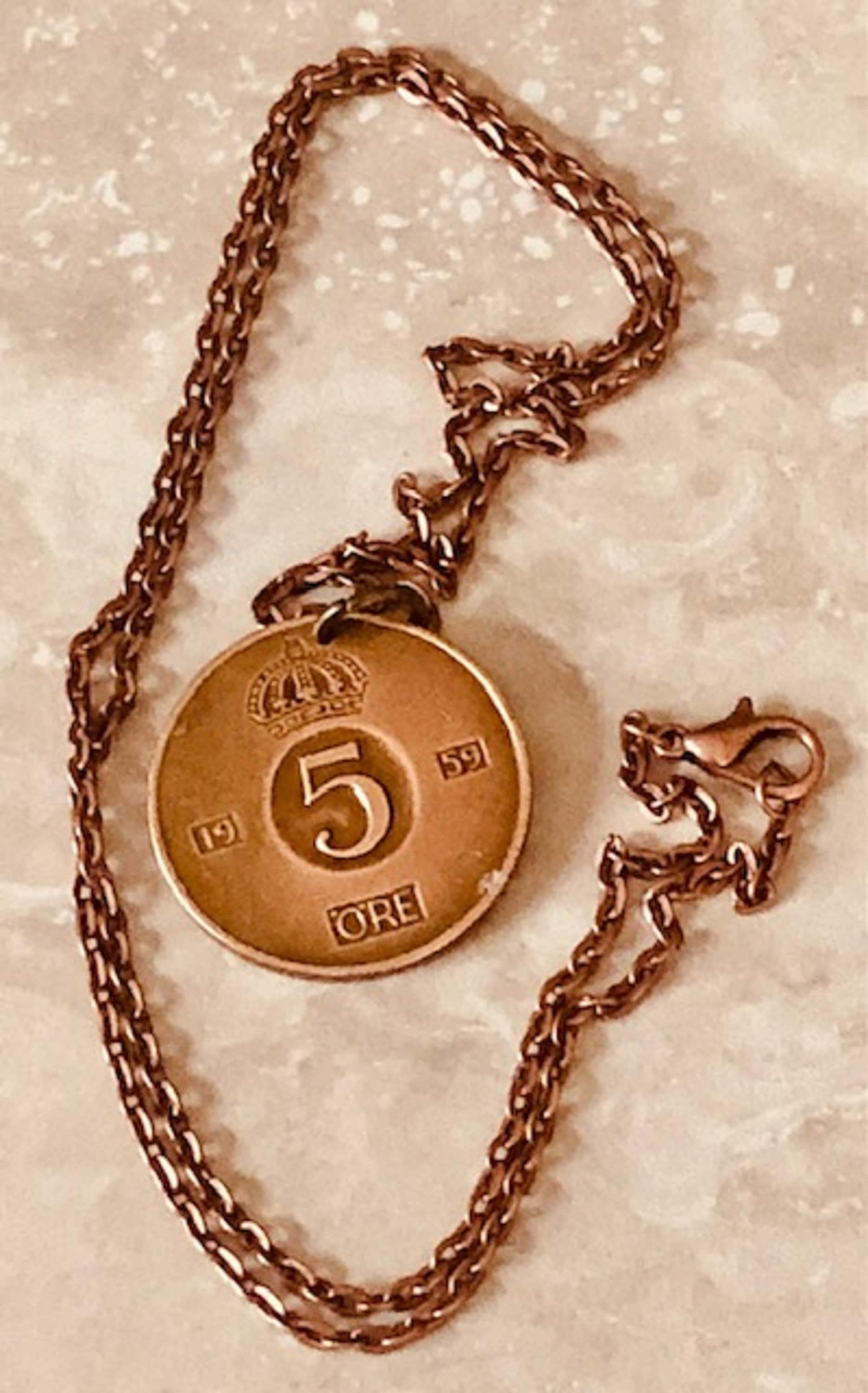 Sweden Coin Necklace Swedish 5 Ore Crown Pendant Personal Old Vintage Handmade Jewelry Gift Friend Charm For Him Her World Coin Collector