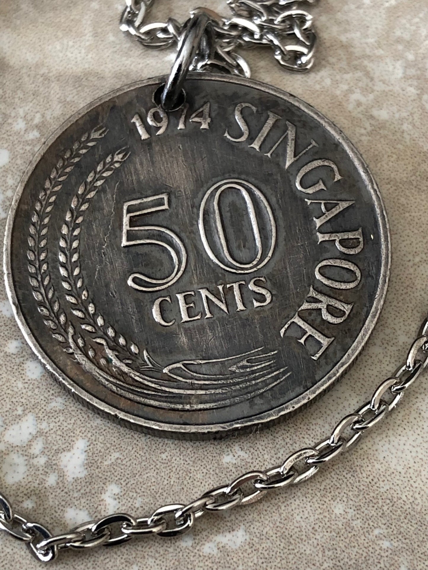 Singapore Hong Kong 50 Cent Coin Pendant Necklace Personal Old Vintage Handmade Jewelry Gift Friend Charm For Him Her World Coin Collector