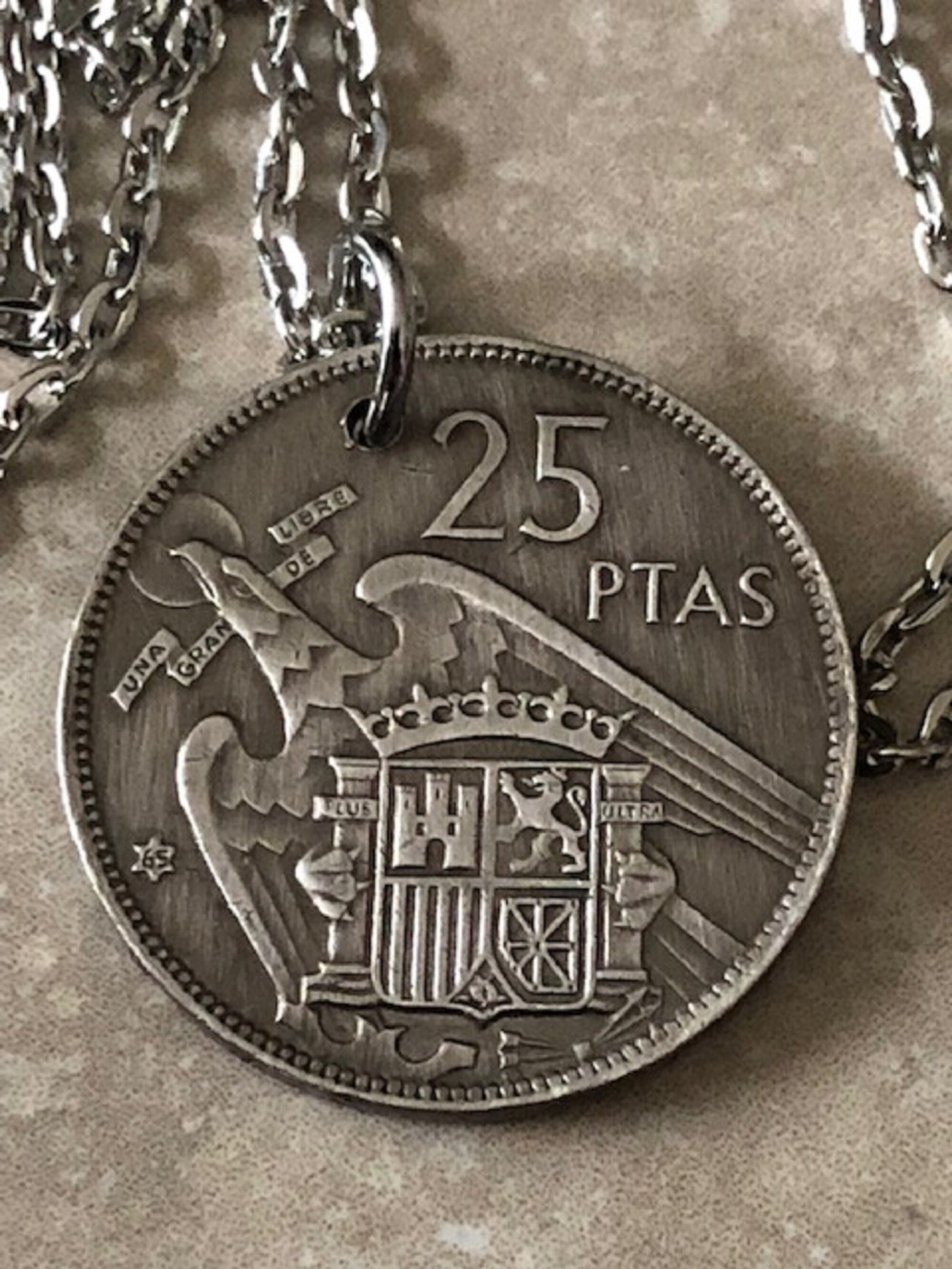 Spain Coin Pendant Spanish 25 Ptas 1957 Necklace Handmade Jewelry Gift For Friend Coin Charm Gift For Him, Her, World Coins Collector