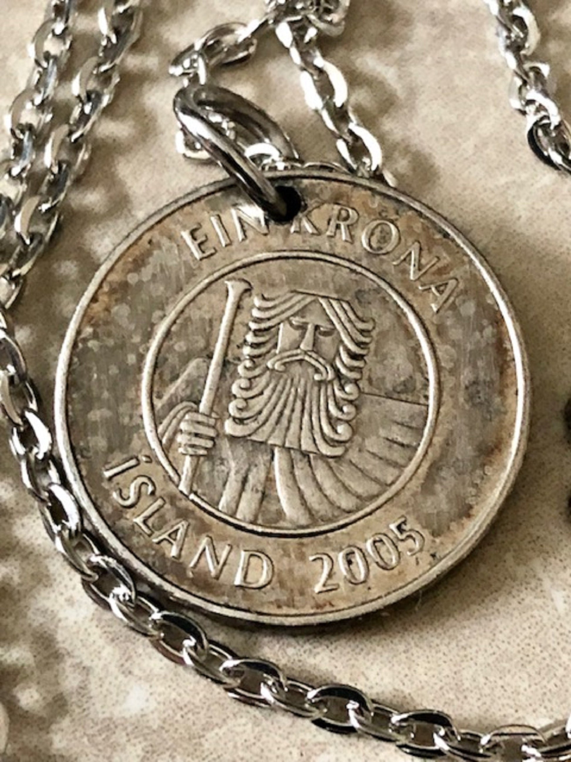 Iceland Coin Necklace 1 Kronur Icelandic Pendant Personal Old Vintage Handmade Jewelry Gift Friend Charm For Him Her World Coin Collector