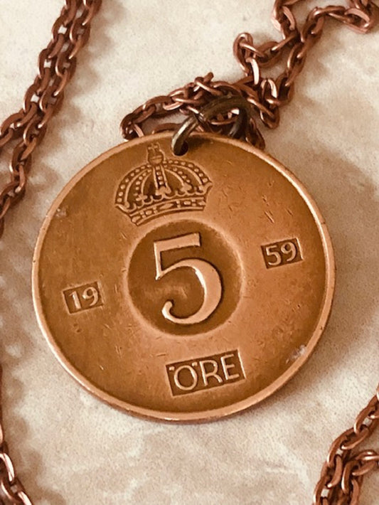 Sweden Coin Necklace Swedish 5 Ore Crown Pendant Personal Old Vintage Handmade Jewelry Gift Friend Charm For Him Her World Coin Collector