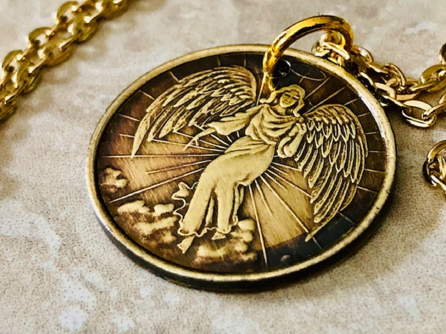 Guardian Angel Token Coin Necklace Jewelry Pendant Vintage Personal Handmade Jewelry Gift Friend Charm For Him Her World Coin Collector