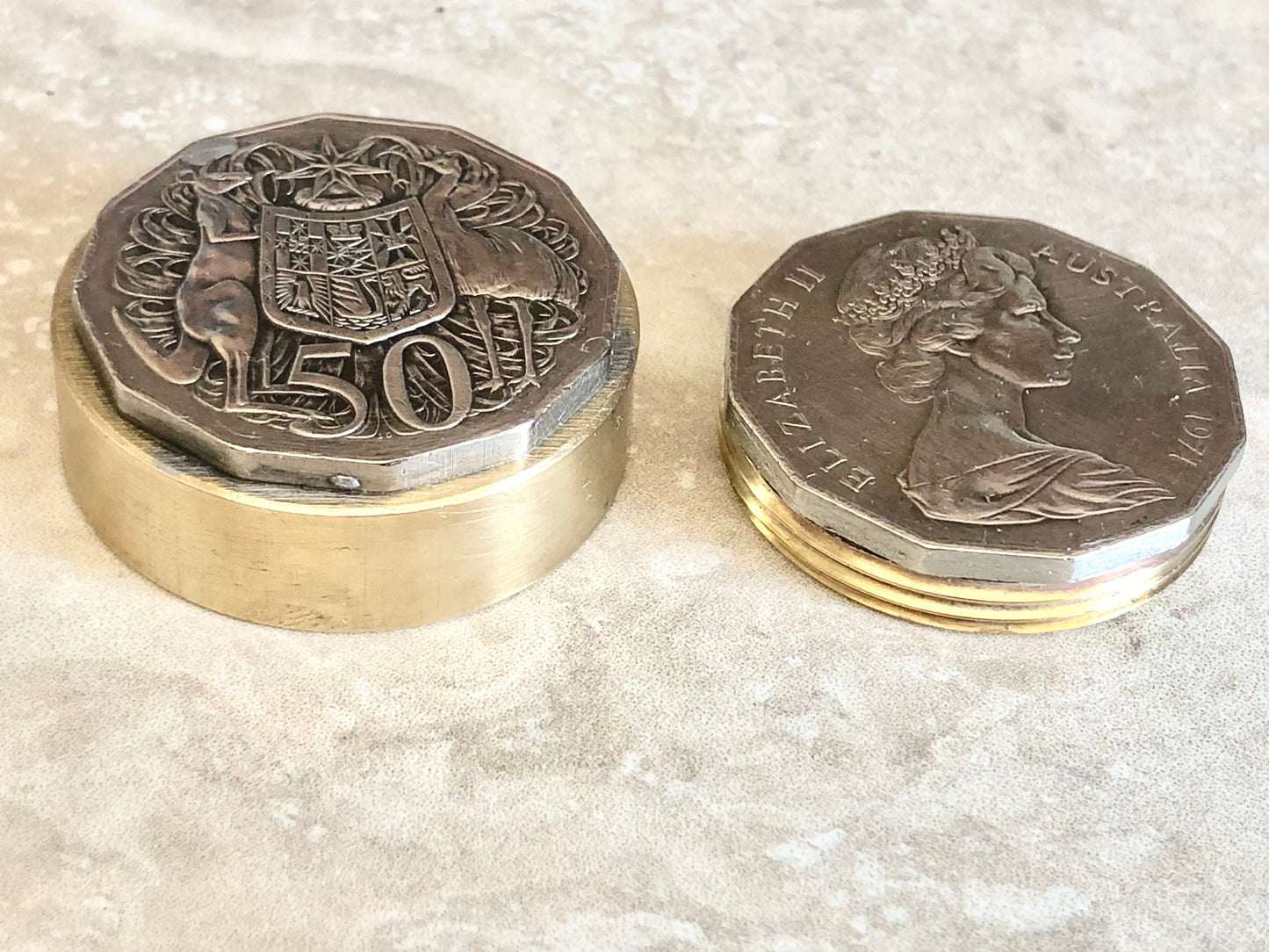 Australia Coin Pillbox Australian Fifty Cents- Vintage Antique Stash Snuff Box, Box, Keepsake, Men's Gift, Jewelry, World Coin Collector