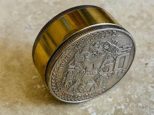 Mexico Pillbox 50 Peso Mexican Vintage Antique Stash Snuff Box, Tobacco Box, Keepsake, Men's Gift, Jewelry, World Coin Collector