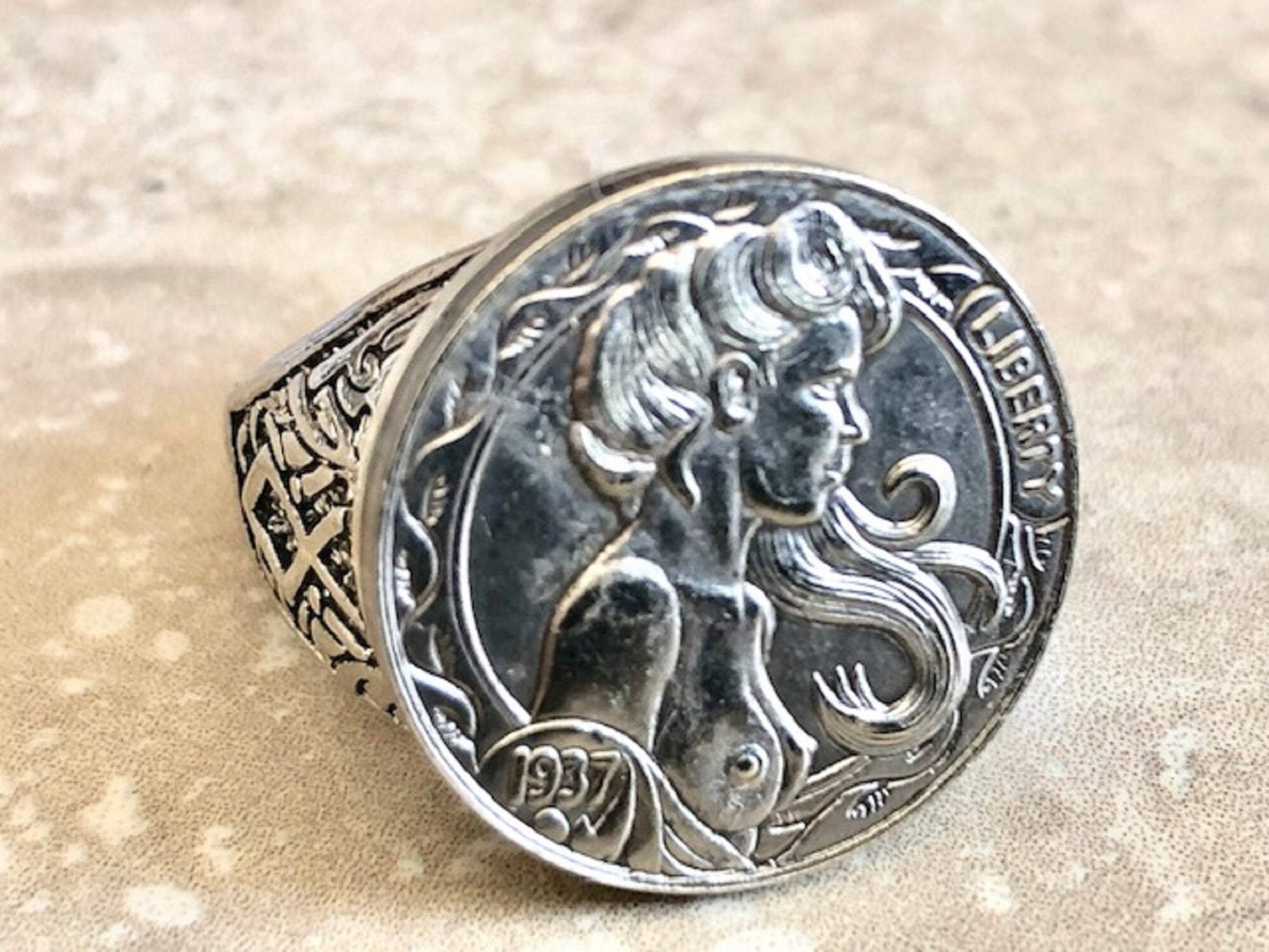 Hobo Girl Ring Stainless Steel Hobo Commemorative Nickel Coin Five Cents 20th Century Art Deco, Impressionism, Modernism, Custom Handmade