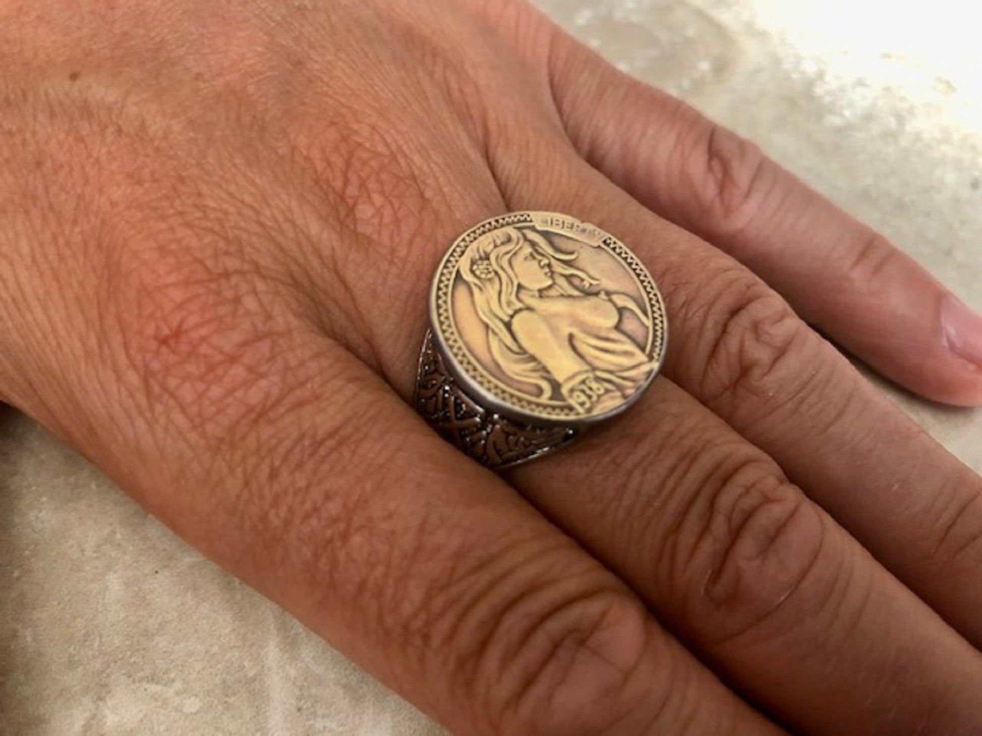 Hobo Girl Ring Sexy Woman Hobo Commemorative Nickel Coin Ring Five Cents 20th Century Art Deco, Impressionism, Modernism, Custom Handmade